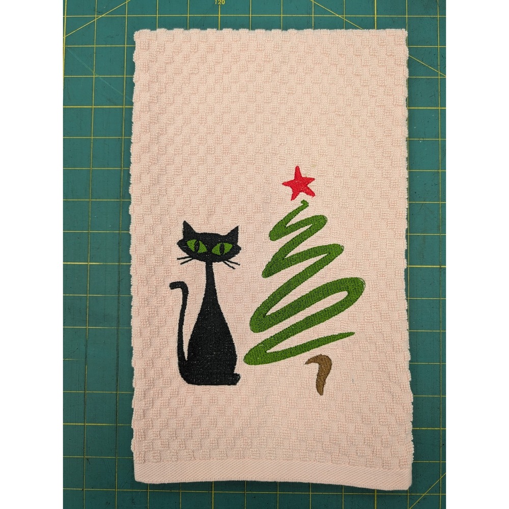 Christmas Swirl Tree Retro Cat Mid Century Modern Atomic Kitchen Bath Hand Towel